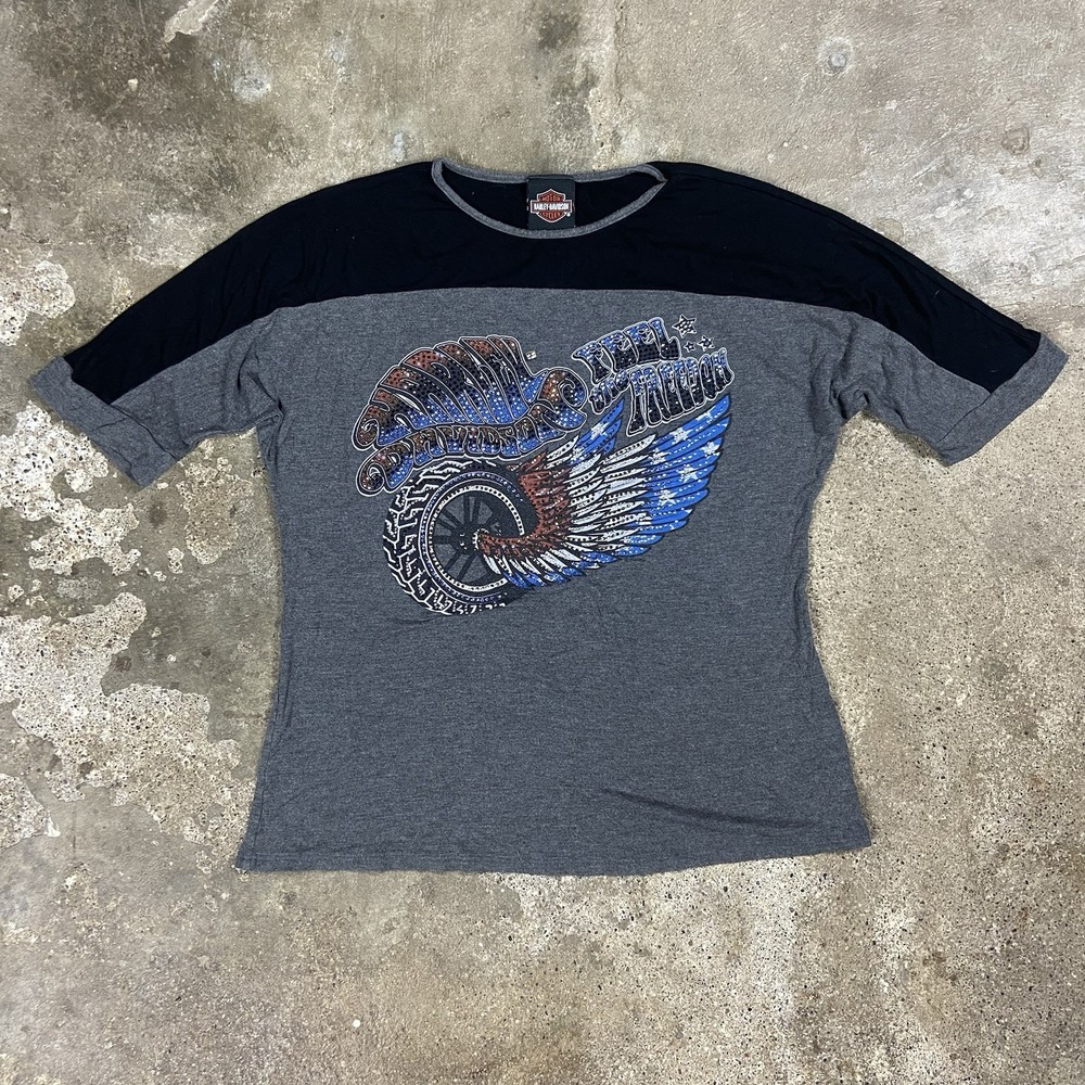 Harley Davidson T-Shirt Women's Size Large Gray Bedazzled Motorcycle Graphic